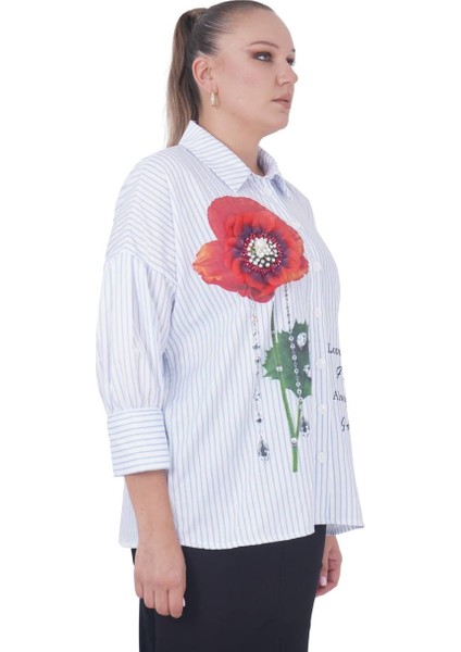Büyük Beden Çiçek Motifli Slogan Yazılı Çizgili Gömlek fiyatları