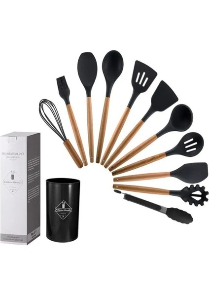 Spatula Mutfak Gereçleri Seti, 12 Parça, Ahşap Saplı, Siyah Kaşıklık Hediyeli