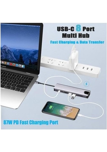 CF55 Macbook Android Uyumlu Type-C To 2 USB 3.0 4K HDMI Ethernet RJ45 Pd Çevirici Hub Adaptör, Standart fırsatları