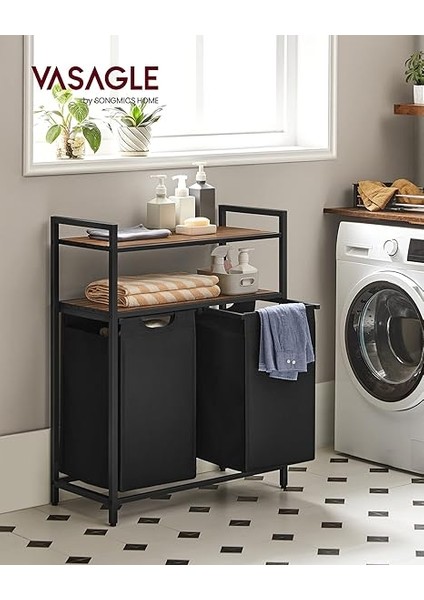 Çamaşır Sepeti, Çamaşır Kutusu, 2 Bölme, 2 Raf, Metal Çerçeve, 2 x 46 Litre, 73 x 33 x 91 Cm, Vintage Kahverengi-Siyah BLH211B01 fiyatları