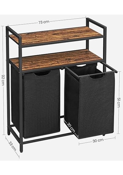 Çamaşır Sepeti, Çamaşır Kutusu, 2 Bölme, 2 Raf, Metal Çerçeve, 2 x 46 Litre, 73 x 33 x 91 Cm, Vintage Kahverengi-Siyah BLH211B01 fırsatları
