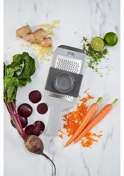 Z-Cut Çoklu Rende, Çok Fonksiyonlu, Paslanmaz Çelik, 4 Değiştirilebilir Bıçak Ucu, Iki Yönlü Sürtünme Teknolojisi, Entegre Toplama Tepsisi, Gri indirimleri