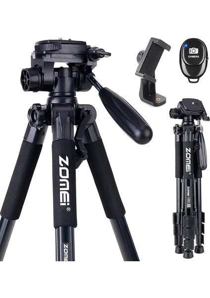 Zomei Q111 Kamera Tripodu Cep Telefonu Tutuculu + Uzaktan Kumanda, Alüminyum Alaşım Hafif Kamera Ayaklı Tripod 3 Yönlü Döner Başlık Hızlı Değiştirme Plakası ve Çanta 47 – 140 cm Siyah Renk