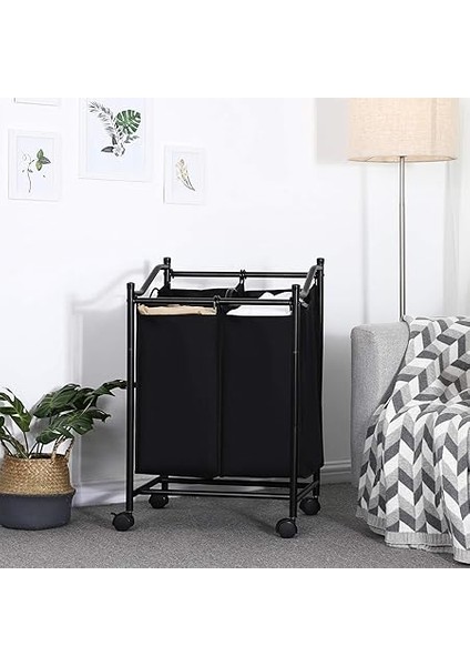 Çamaşır Ayırıcı, Tekerlekli ve 2 Bölmeli, Çamaşır Sepeti, Çıkarılabilir Çantalı Çamaşır Arabası, Toplam Kapasite 90 L, Siyah, LSF002BK modelleri