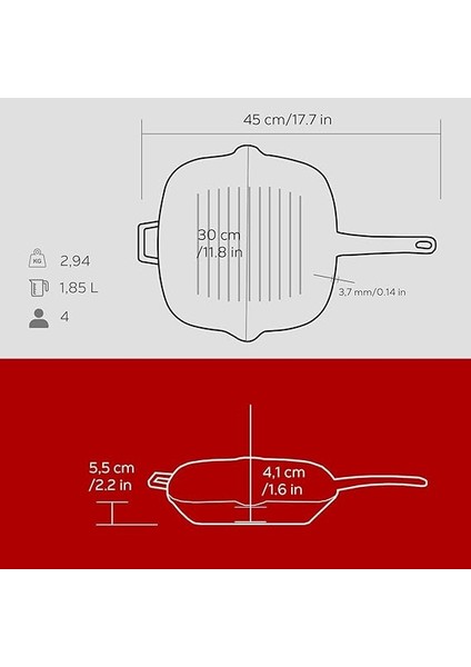 Metal Döküm Izgara Tava, Metal Saplı, 26X26 Cm, Kırmızı indirimleri