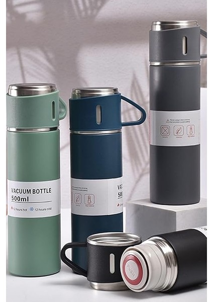 Çelik Termos 3 Bardaklı Termos Seti Özel Kutulu Vakumlu Termos Set Çok Renkli Yeşil indirimleri