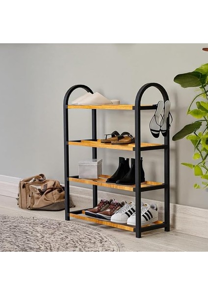 Midi Ahşap Çubuklu Ayakkabılık 4 Bölmeli Düzenleyici 8 Çift Ayakkabı Kapasiteli Raf Ünitesi