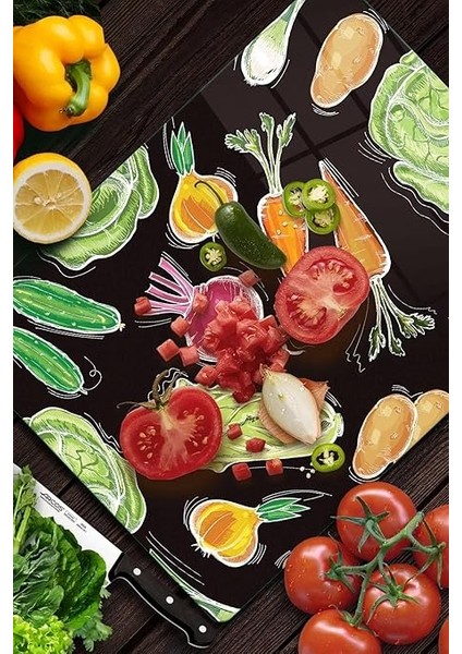 Cam Kesme Tahtası ve Sunum Tablası Sebze Desenli 20 x 30 cm modelleri