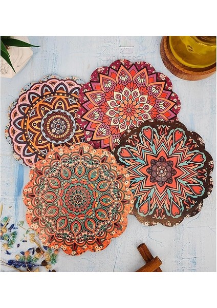 Renkli Desenli Nihale Ahşap Tencere Tava Çaydanlık Atlığı Nihale Seti 4 Lü Set MNT-106