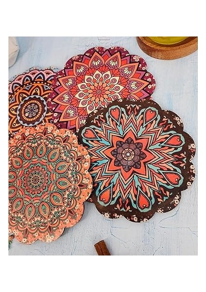 Renkli Desenli Nihale Ahşap Tencere Tava Çaydanlık Atlığı Nihale Seti 4 Lü Set MNT-106 modelleri