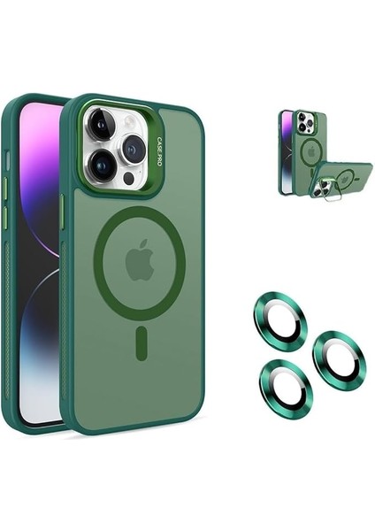 iPhone Için Kılıf Kamera Korumalı Magsafe Wireless Şarj Özellikli Lens Hediyeli Mat Şeffaf Renkli Standlı Kılıf (Yeşil, iPhone 16)