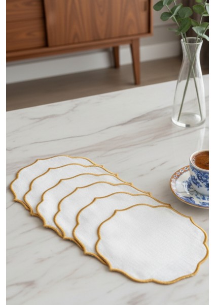 6 Adet Keten Kumaş Üzeri Nakışlı Kahve Yanı Sunumluk Kokteyl Peçetesi & Bardak Altlığı