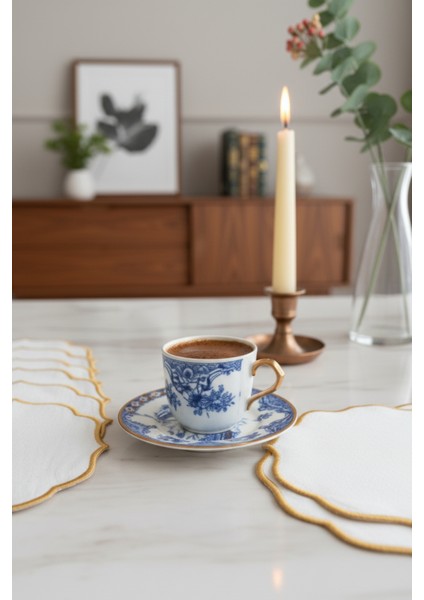 6 Adet Keten Kumaş Üzeri Nakışlı Kahve Yanı Sunumluk Kokteyl Peçetesi & Bardak Altlığı fiyatları