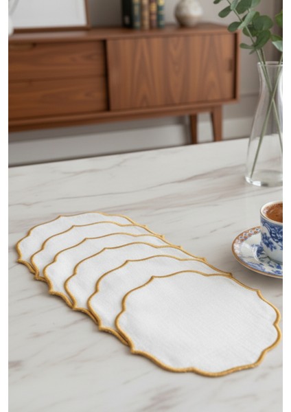 6 Adet Keten Kumaş Üzeri Nakışlı Kahve Yanı Sunumluk Kokteyl Peçetesi & Bardak Altlığı modelleri