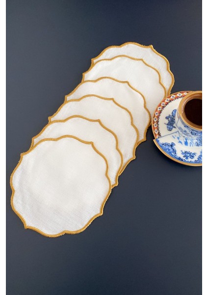 6 Adet Keten Kumaş Üzeri Nakışlı Kahve Yanı Sunumluk Kokteyl Peçetesi & Bardak Altlığı fırsatları