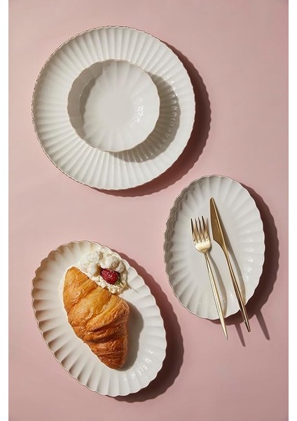 Porselen Bone Luz Form 27 Parça 6 Kişilik Yemek Takımı Altın File