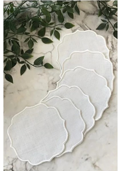 6 Adet Keten Kumaş Üzeri Nakışlı Kahve Yanı Sunumluk Kokteyl Peçetesi & Bardak Altlığı fiyatları