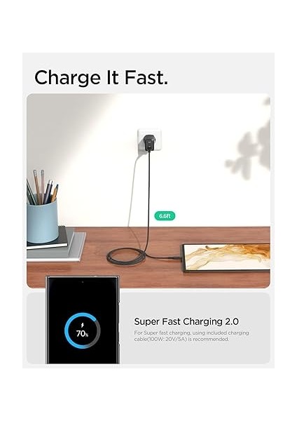65W Usb-C Hızlı Şarj Aleti + 2 Metre Örgü Kablo Samsung Pps 2.0 / Isı Düşürücü Gan Destekli Akım Korumalı Güç Adaptörü Super Hızlı Şarj iPhone &amp; Android &amp; iPad &amp; MacBook Type-C White - ACH05476 modelleri