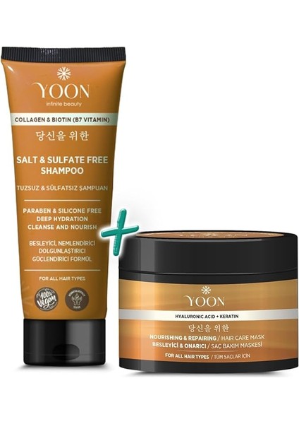 2'li Vegan Tuzsuz Şampuan &amp; Saç Bakım Maskesi 250ML, Hyaluronik Asit, Keratin, Kolajen ve Biotin Içerikli Besleyici, Onarıcı 2'li Saç Bakım Seti