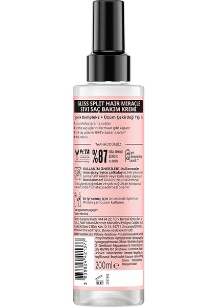 Split Hair Miracle Kırık Uçları Mühürleyen Sıvı Saç Bakım Kremi - Iyonik Kompleks ve Üzüm Çekirdeği Yağı ile 200 ml modelleri