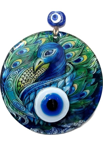 Kuşu Desenli Füzyon Cam Nazar Boncuklu El Yapımı 12 Santimetre Çapında Duvar Dekoru