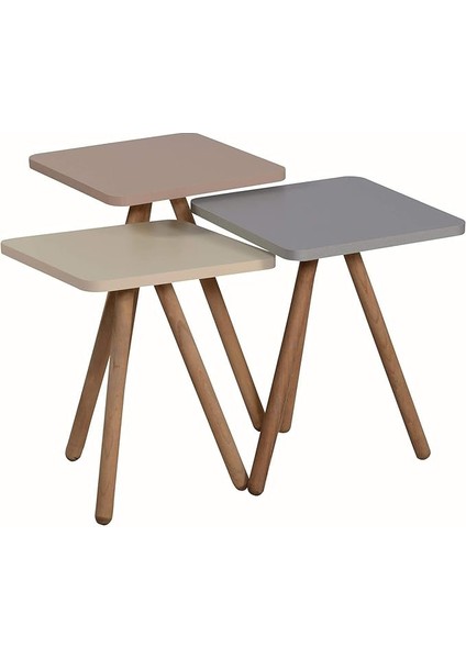 Renkli Üçlü Zigon Sehpa Ahşap Ayaklı Kare Pastel Tasarım Gri Krem Cappuccino