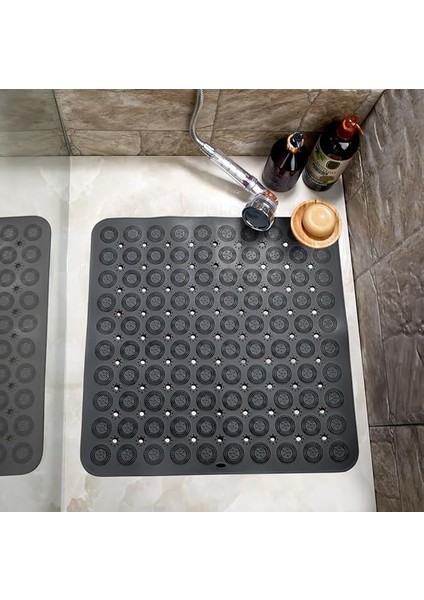 Masajlı Kaydırmaz Banyo Paspası (Siyah, Gri Kare)