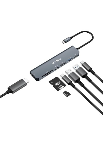 CHUB007-P 7in1 Windows &amp; Mac 100W Hızlı Şarj - Type-C To 4K HDMI *1x Usb-C 100W Pd *1x Usb-C Data *1x USB 3.0 5gbps *1x USB 2.0 480 Mbps *2x Tf/sd Card 7in1 Çevirici Hub Çoklayıcı