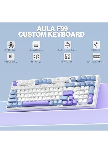 F99 3 Modlu Rgb Hot Swap Mekanik Linear Graywood V3 Switch Kablosuz Makrolu Klavye Lila fiyatları