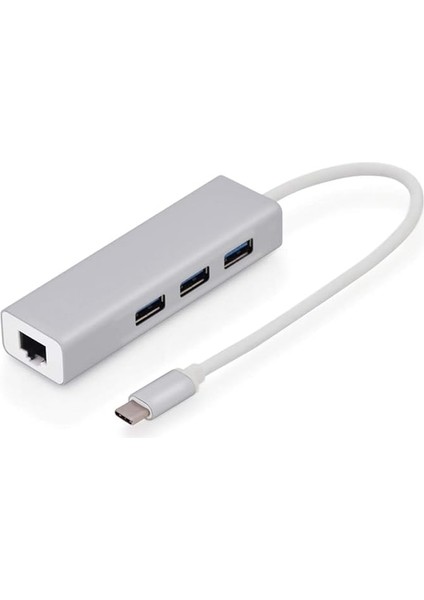 Type C Ethernet 1000MBPS - 1 Gigabit RJ45 Adaptör ve 3 USB Bağlantı Noktası 3.0 Data Hub MacBook Air/pro iMac Acer Lenovo Asus Hp Samsung Huawei ile Uyumlu - Gümüş