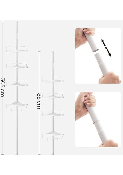 Duş Rafı, 85 – 305 cm Yüksekliği Ayarlanabilir, 4 Tepsili Banyo Rafı, Duş Köşesi, Delme Gerektirmez, Beyaz BCB001A fırsatları