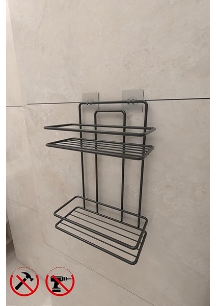 Banyo Ömür Boyu Paslanmaz Yapışkanlı Siyah 2 Katlı Düz Şampuanlık Tş02, Delmeye Son, Ister Yapıştır Ister Montajla fırsatları