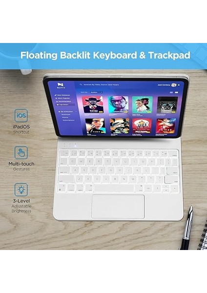 iPad Air 11 M2-M3 2024/2025 ile Uyumlu Touchpad Case Magic Keyboard Işıklı Aydınlatmalı Klavyeli Tablet Kılıfı Beyaz modelleri