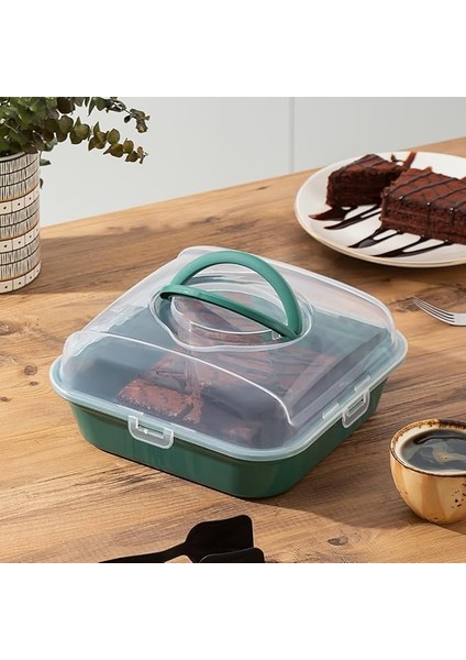 1095 Yeşil Pasta Kek Börek Kabı - Taşıma Çantası - Kilitli Fanus