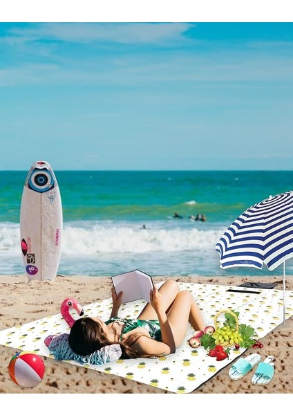 Plaj Havlusu, Piknik Örtüsü, Plaj Matı, Çantalı Plaj Hasırı,kamp Battaniyesi, Kamp Matı, Katlanabilir, Hafif, Su Geçirmez, Kum Geçirmez(Ananaslı)