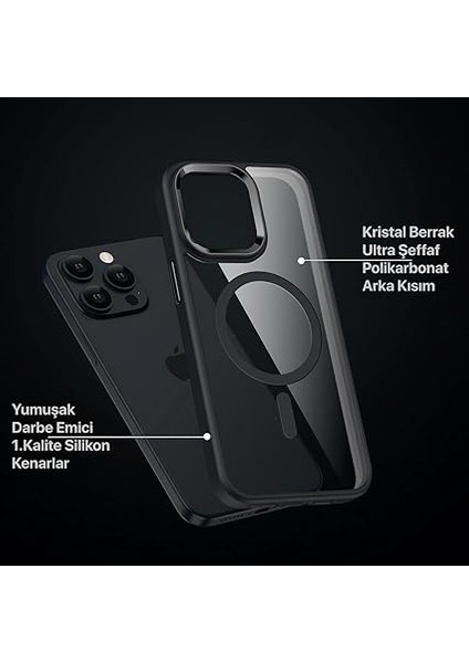 iPhone 16 Için Super-Crystal Magsafe ile Uyumlu Kılıf Arkası Kristal Berraklığında Cam Görünüm Kenarları Darbe Emici Silikon Hybrid Kılıf (Siyah, 16) fiyatları