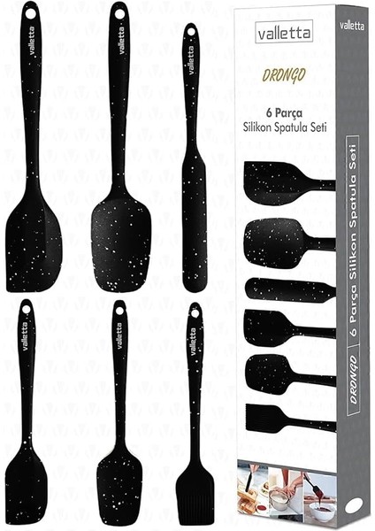 Drongo Isıya Dayanıklı Yanmaz Yapışmaz Silikon Spatula Seti 6 Parça Siyah Noktalı