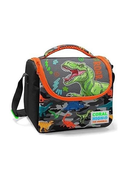 High Siyah Turuncu Yeşil Dinazor Baskılı Erkek Çocuk Beslenme Çantası fırsatları