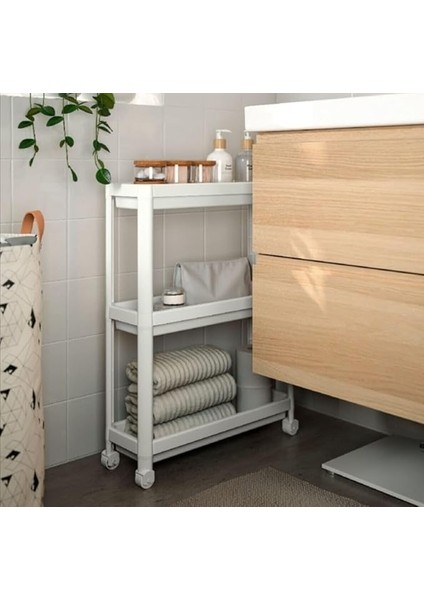 Tekerlekli Dikdörtgen 3 Katlı Raf Ünitesi - Banyo Mutfak Düzenleyici Organizer Raf - Modern Shelf Unit (Beyaz)