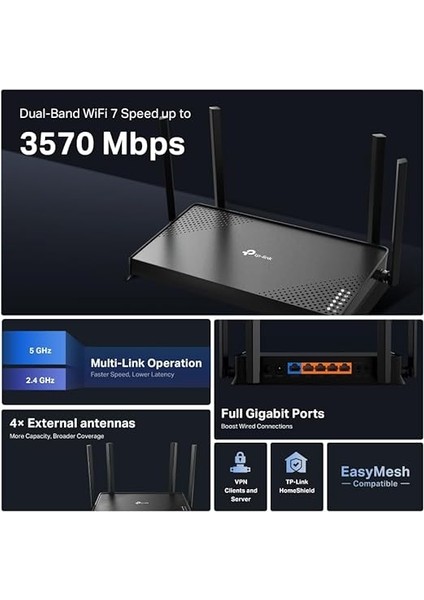 Archer BE220, BE3600 Mbps, Fiber Destekli, 4× Gbps Port, Vpn Destekli, Homesheild, Easy Mesh Uyumlu, Dual-Band Wi-Fi 7 Router fırsatları