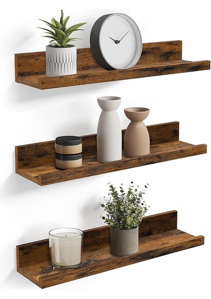 Duvar Rafları, 3'lü Set, Yüzer Raflar, Uzunluk 38 Cm, Dekoratif Öğeler, Baharat Kavanozları ve Resim Çerçeveleri Için Yükseltilmiş Ön Kenar, Eski Kahverengi LWS037X01