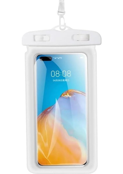 Su Geçirmez Hava Yastıklı Askılı Telefon Koruma Deniz Havuz Banyo Dokunmatik Kılıf Beyaz