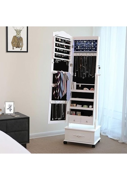 Tekerlekli ve LED Aydınlatmalı Kilitlenebilir Mücevher Dolabı, Beyaz, JBC61W fiyatları