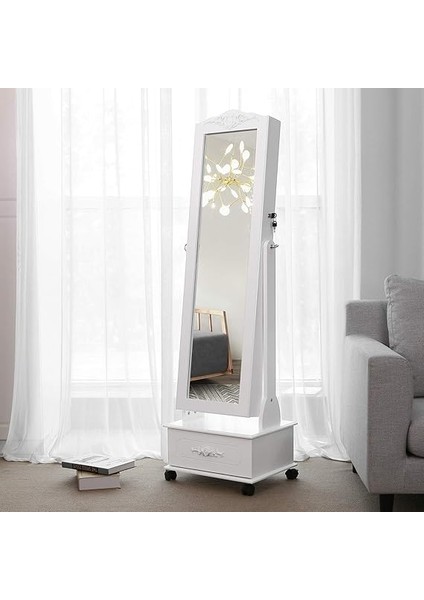 Tekerlekli ve LED Aydınlatmalı Kilitlenebilir Mücevher Dolabı, Beyaz, JBC61W modelleri