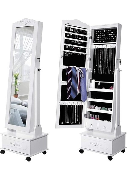 Tekerlekli ve LED Aydınlatmalı Kilitlenebilir Mücevher Dolabı, Beyaz, JBC61W fırsatları