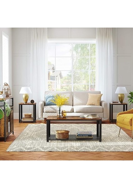 Sehpa, 2 Katlı Oturma Odası Masası, Izgara Raflı, Tv Masası, Metal Çerçeve, Ayarlanabilir Ayaklar, Oturma Odası Için, Endüstriyel Tarz, Vintage Kahverengi/siyah LCT61X indirimleri