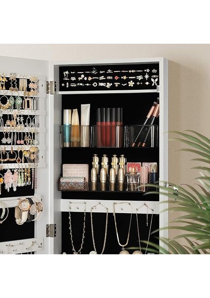 Asma Mücevher Dolabı, Asma Dolap, Kilitlenebilir Aynalı Dolap, Çerçevesiz Tam Boy Aynalı Duvar Dolabı ve 2 Ayrı Makyaj Malzemeleri Düzenleyicili, Kolyeler, Küpeler Için, Beyaz JJC001W01 fırsatları