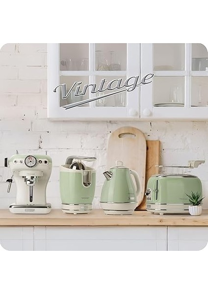 Vintage Elektrikli Su Isıtıcı 1 Litre Yeşil 2868/04 - Paslanmaz Çelik, Retro Kettle, 1630 Watt, Otomatik Kapanma, Kablosuz 360° Duylu indirimleri