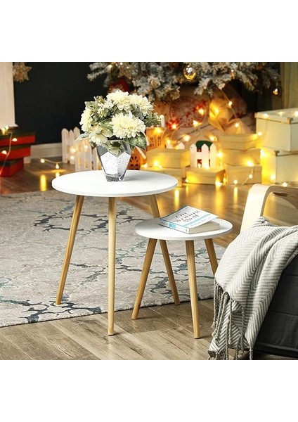 Yan Sehpa Seti, Yuvarlak, 2 Modern Kanepe Sehpası, Minimalist, Iskandinav Tarzı, Masif Ahşap Ayaklar, Oturma Odası ve Balkon Için Sehpa Kombinasyonu, Çam LET07WN fiyatları