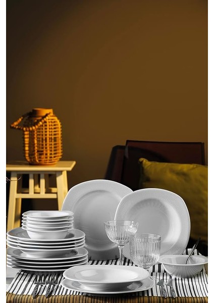 Porselen Çisil 18 Parça 6 Kişilik Yemek Takımı, Krem